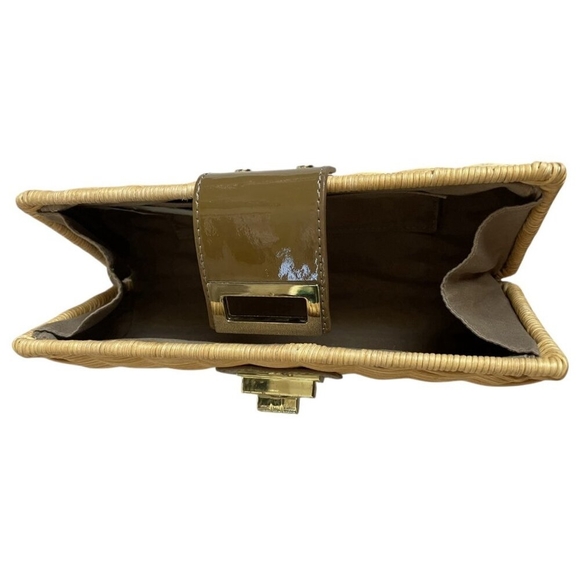 J.Crew Natural Rattan Tan Leather Strap Gold Turn Lock Clutch Bag NWOT - Picture 6 of 9